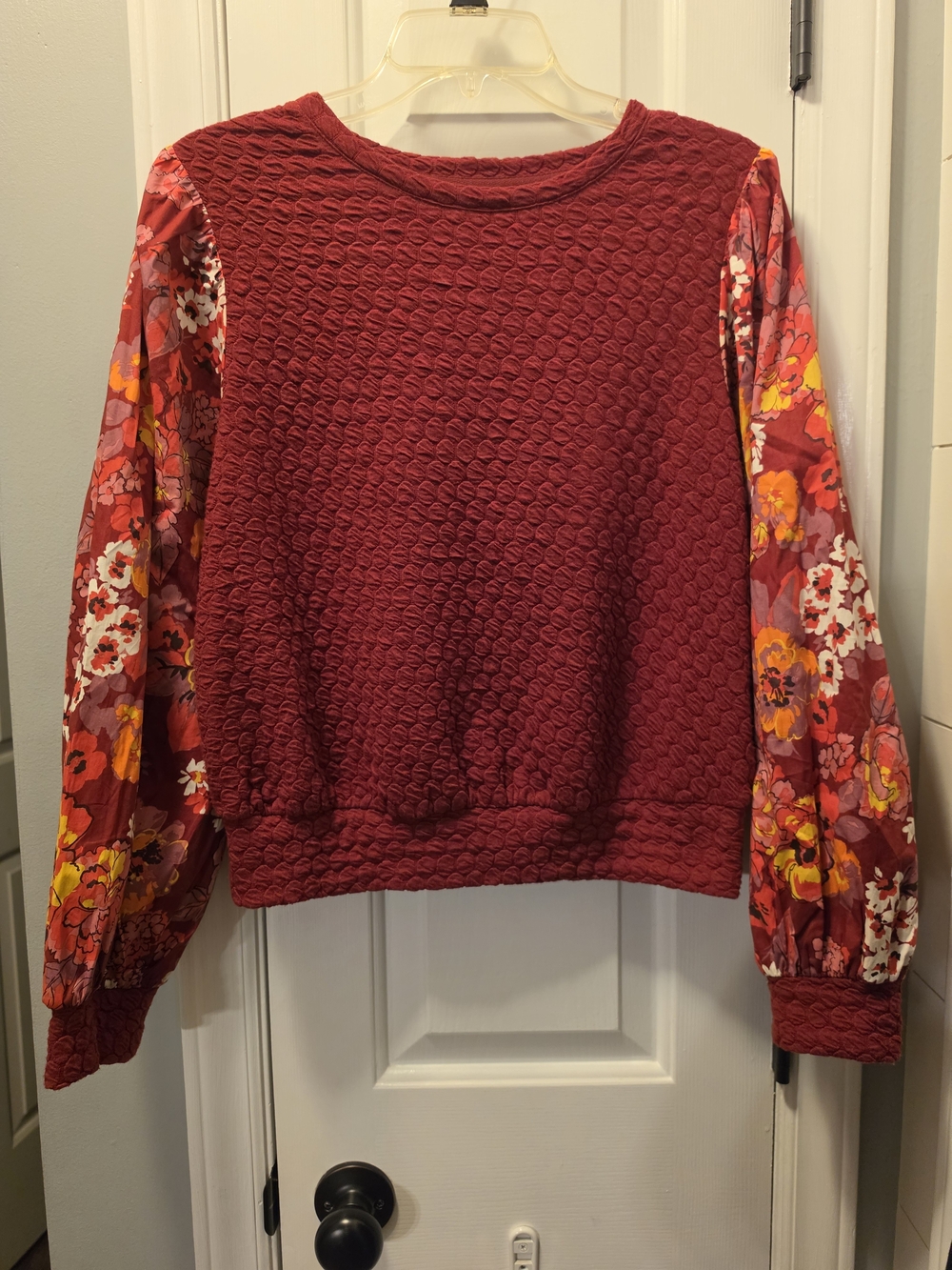 Porridge By Anthropologie Quilted Pullover Sweater with Floral Balloon Sleeves